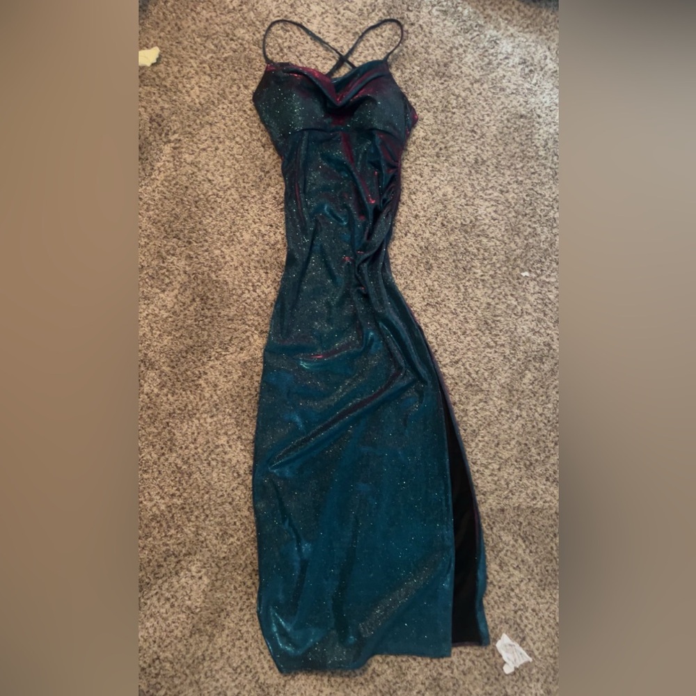 Morgan and Co blue and purple CHROME prom dress with a thigh high slit